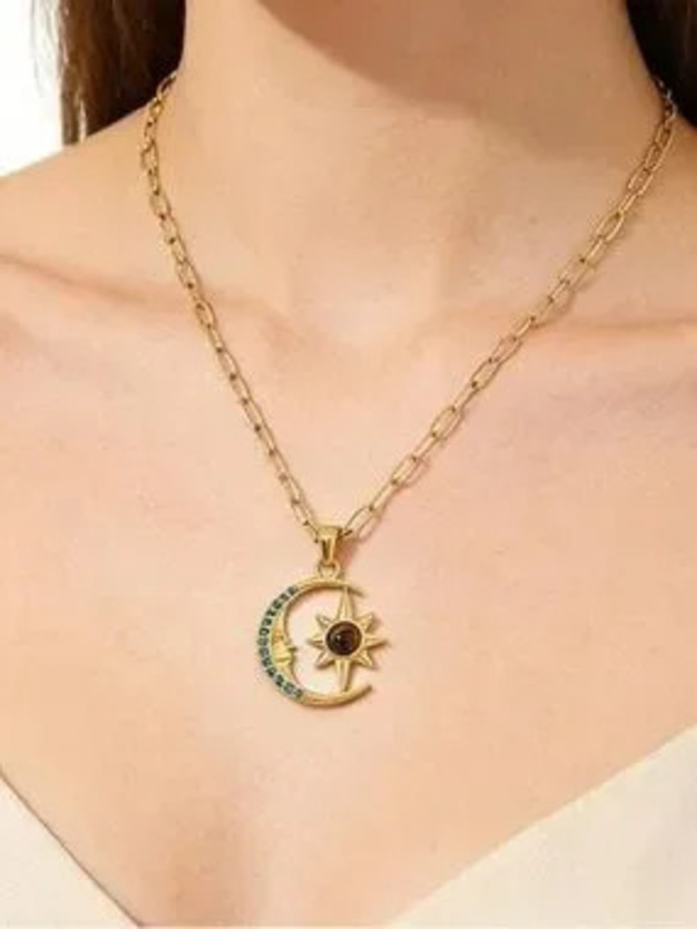 Anthropologie Gold Crescent and Sun Necklace with Teal and Dark Gem Accents
